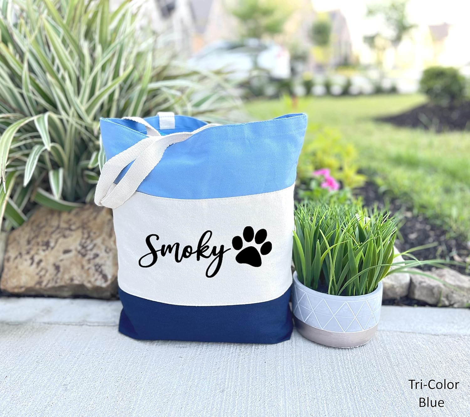 Custom Dog Tote Bag Personalized Dog Mom Gift Dog Toys Totes Pet Gift Custom Pet Bag Gift For Dog Mom Dog Lover Bag (15"L x 15"H x 3"D, Tri-Color Blue) - Pawvie