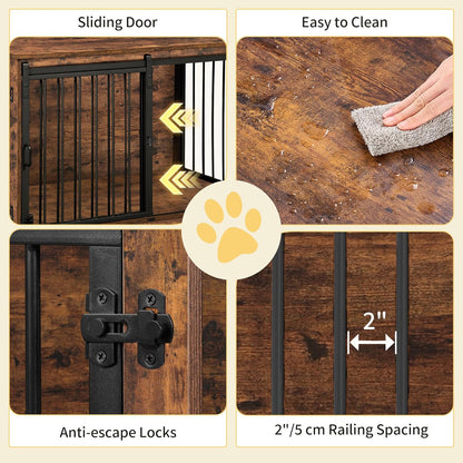 39.3" Dog Crate Furniture with Barn Door, Heavy Duty Dog Kennel Indoor with 2 Doors, Wooden Pet Cage End Table for Large Small Medium Dogs, Anti-Chew Anti-Escape, Rustic Brown DFC02301B