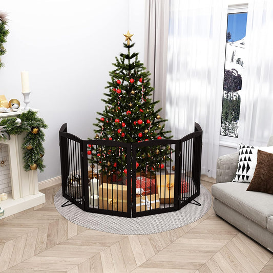 Freestanding Pet Gate for Dogs, Indoor Wooden Foldable Dog Gate for House, Extra Wide, Pet Fence for Stairs, Doorways, Halls, Support Feet Included, 120 Inch Wide, 6 Panels 32",Brown