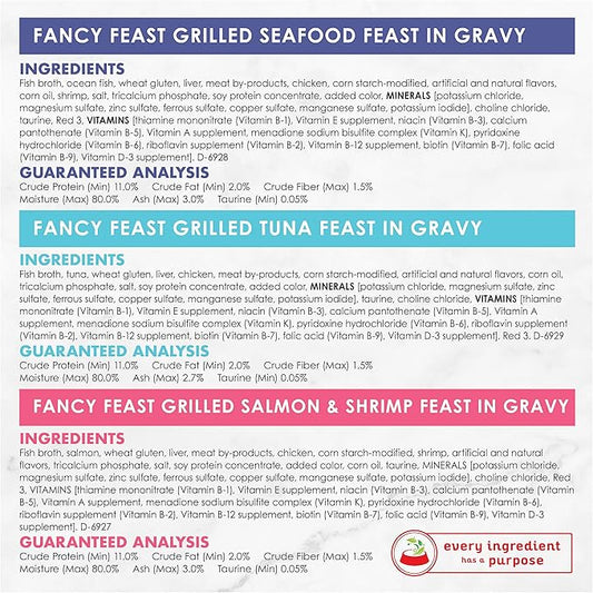 Fancy Feast Purina Grilled Wet Cat Food Seafood Collection in Wet Cat Food Variety Pack - 3 oz. Cans,(Pack of 60)
