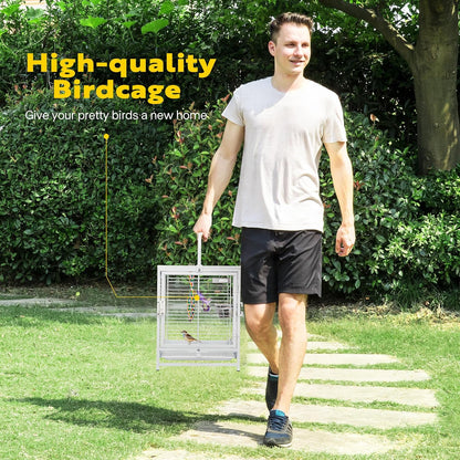 VIVOHOME 19 Inch Wrought Iron Bird Travel Carrier Cage for Parrots Conures Lovebird Cockatiel Parakeets White