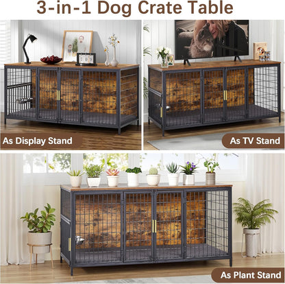 VECELO Dog Crate Furniture for Medium/Large Dogs, Wooden Dog Cage with Cushion, Double Door, Dog Kennel End Table, Brown