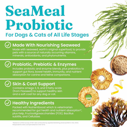 Solid Gold SeaMeal Cat Probiotic & Dog Probiotics for Digestive Health - Kelp Powder Dog & Cat Multivitamin Supplement w/Prebiotics & Digestive Enzymes for Skin, Coat, & Gut + Immune Support - 3.5oz