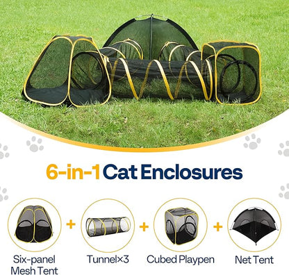 VIVOHOME 6-in-1 Outdoor Cat Enclosure with Playhouse, 2 Tents & 3 Tunnels - Portable Cat Playground with Leash and Mint Ball for Indoor/Outdoor Use, Yard Balcony Camping Safety