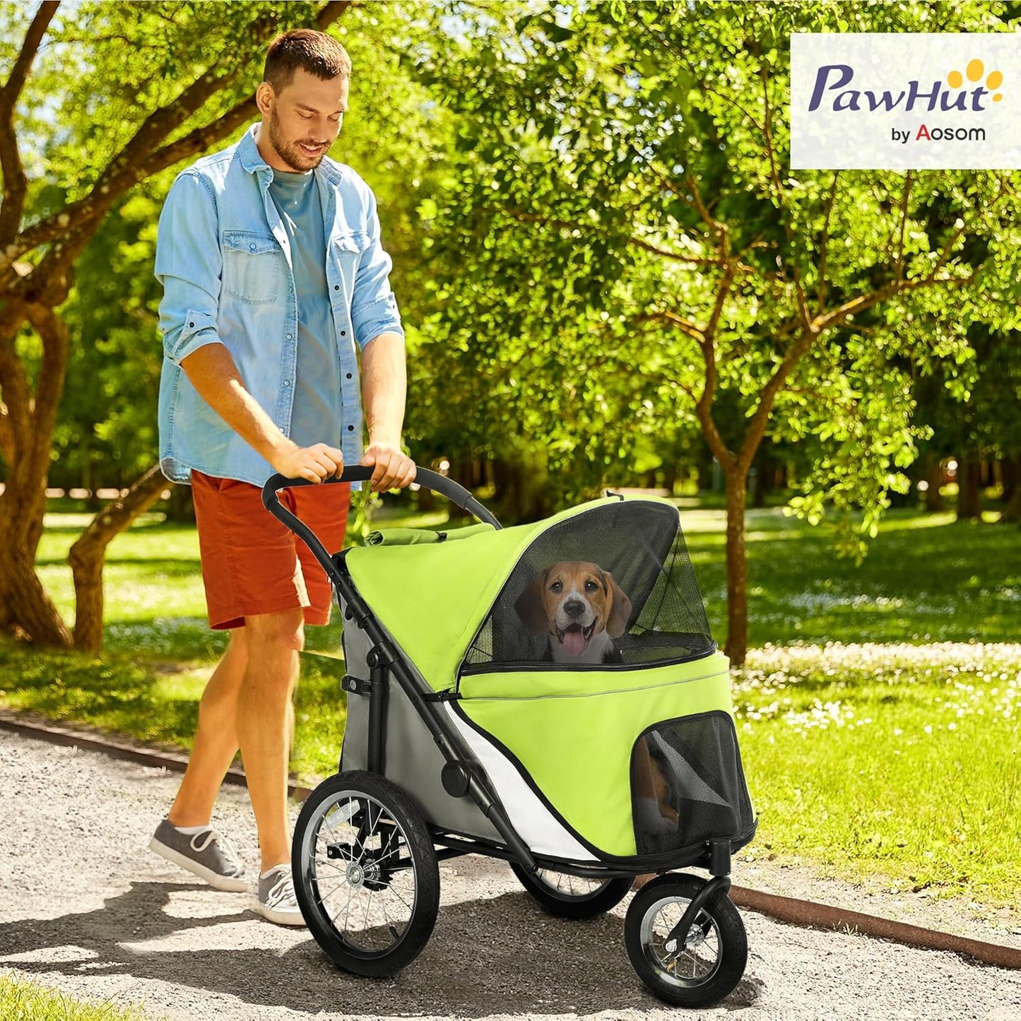 PawHut Dog Stroller, Pet Stroller 3 Wheels with Easy One-Hand Fold, Rubber Wheels, Storage Bag, Soft Cushion, Safety Leash, for Small & Medium Dogs, Yellowish Green - Pawvie