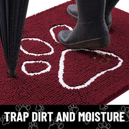 Smiry Dog Door Mat for Muddy Paws, Absorbent Dirt Trapper Non Slip Quick Dry Washable Chenille Mat for Mud Dogs, Entry Rug for Indoor and Outdoor (36x24 Inches, Burgundy)
