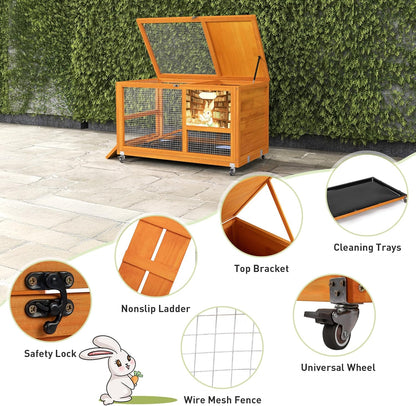 COZIWOW Wooden 36Inches Rabbit Hutch Indoor with Wheels Bunny Cage Outdoor Rabbit Cage with Clean Tray, Openable Roof, Anti-Slip Ramp for Small Bunny (Orange with Pattern)