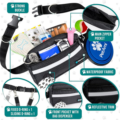 PetAmi Hands Free Dog Leash, Dog Running Leash Belt for Walking Jogging, Dog Waist Zipper Pouch Fanny Pack with Poop Bag Dispenser, Dual Padded Handle Bungee Leash for Small Medium Large Dogs, Double