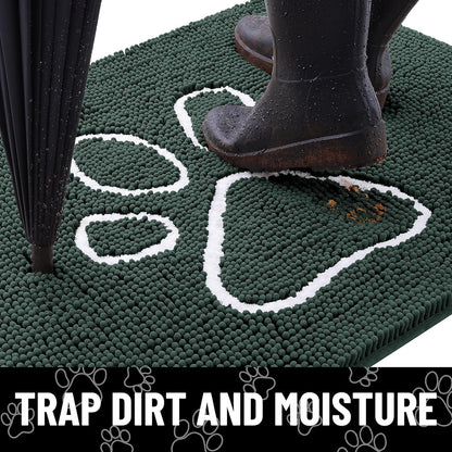 Smiry Dog Door Mat for Muddy Paws, Absorbent Dirt Trapper Non Slip Quick Dry Washable Chenille Mat for Mud Dogs, Entry Rug for Indoor and Outdoor (36x24 Inches, Green)