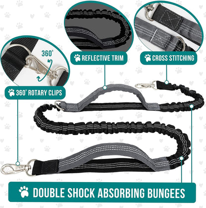 PetAmi Hands Free Dog Leash, Dog Running Leash Belt for Walking, Jogging, Dog Waist Zipper Pouch with Poop Bag Dispenser, Dual Padded Handles, Reflective Durable Bungee Leash, Single, Charcoal Grey