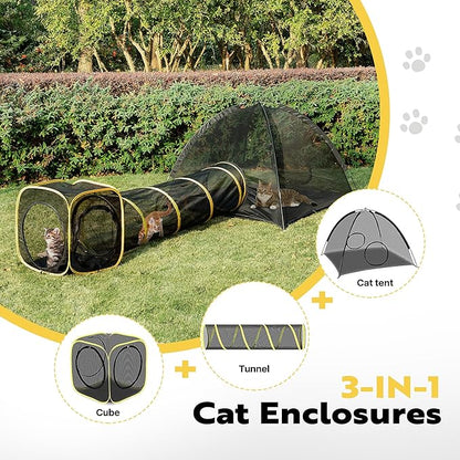 VIVOHOME Outdoor Cat Enclosures 3-in-1 Portable Catio w/Large Cat Tent, Tunnel, Playhouse, 5 Piece Door, Cat Leash, Mint Ball for Rabbits, Dogs and Feline Friends to Explore in Yard, Balcony, Camping