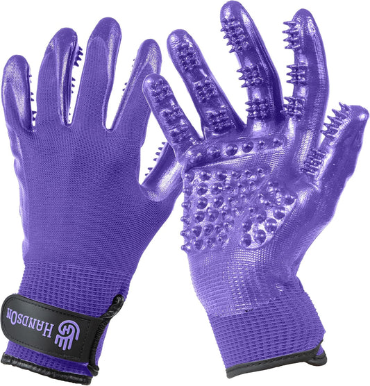 H HandsOn Pet Grooming Gloves - Patented #1 Ranked, Award Winning Shedding, Bathing, & Hair Remover Gloves - Gentle Brush for Cats, Dogs, and Horses (Mono Purple, Junior)