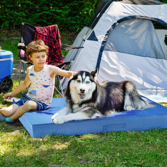 FurHaven Cooling Dog Bed – XXL Foam Mattress for Joint Pain Relief, Waterproof Liner, Removable Washable Cover, Durable for Outdoor Use, Deluxe Grid Indoor/Outdoor Bed – Blue, Jumbo Plus