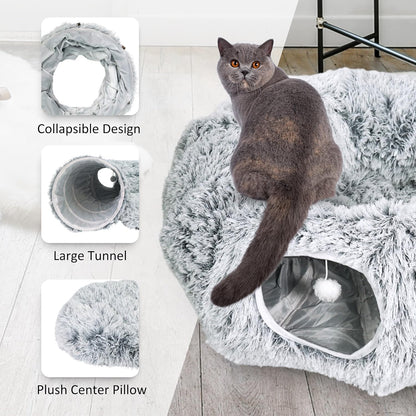 Cat Donut Bed with Washable Cushion – Cat Caves for Indoor Cats – Collapsible Donut Bed with Peekaboo Pet Tunnel & Tunnel Toy – Cozy Hideout for Kittens, Ferrets, Rabbits & Dogs – Grey