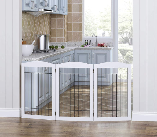 Spirich Freestanding Wire Pet Gate for Dogs, 60 inches Extra Wide, 30 inches Tall Dog Gate for The Houes, Doorway, Stairs, Pet Puppy Safety Fence, White 3 Panels