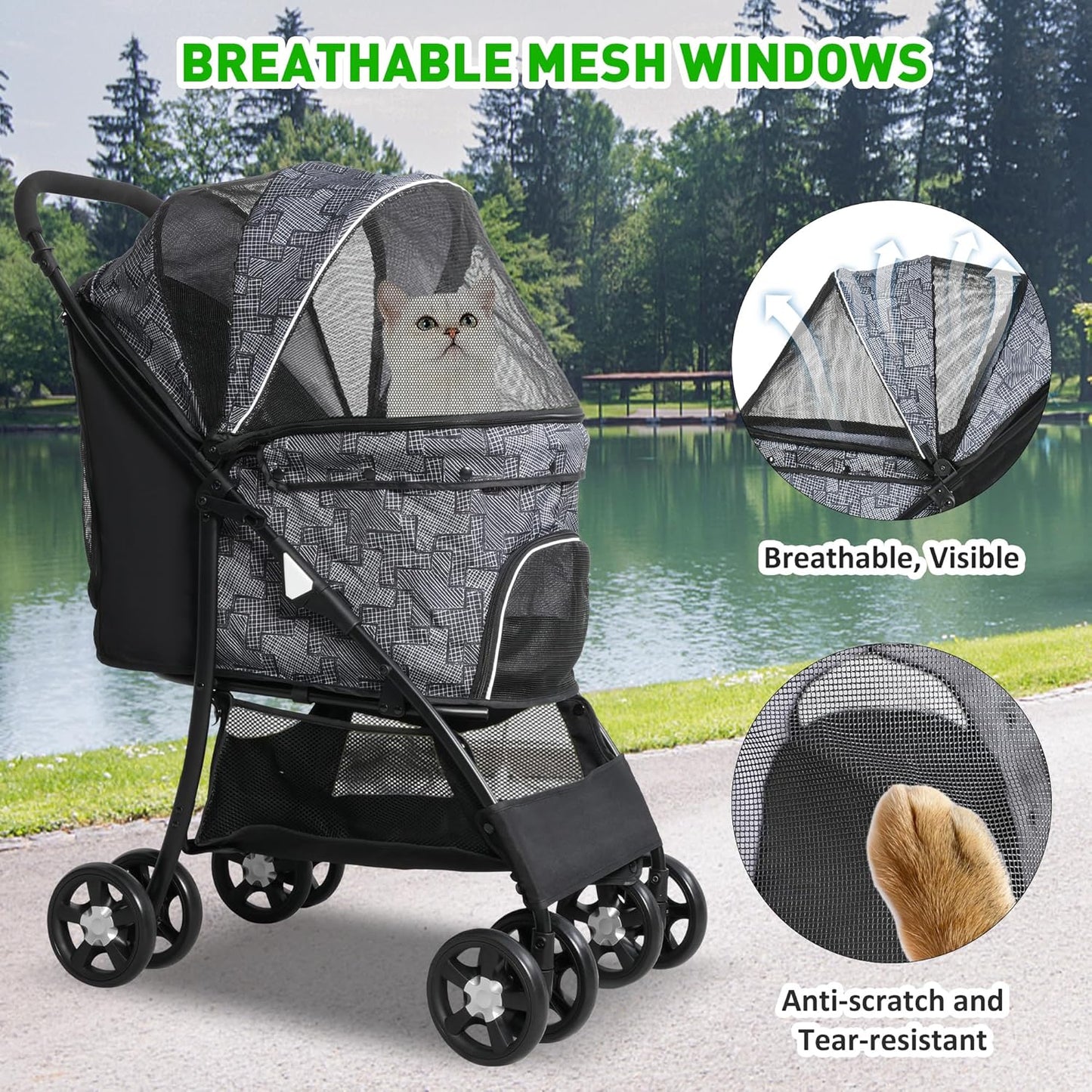 Lightweight Pet Stroller for Small/Medium Dogs and Cats - Foldable Travel Carriage with Storage Basket, Breathable Mesh & 4 Wheels - Up to 33 lbs – Black - Pawvie