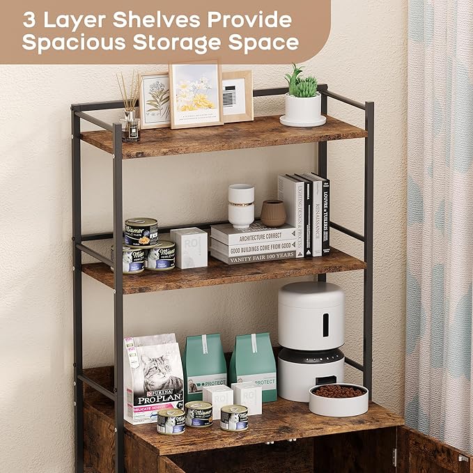 Cat Litter Box Enclosure, Hidden Litter Box Furniture with 3 Storage Shelves and Doors, Rustic Indoor Cat Cabinet, Multi-Functional Storage for Food, Cats Toilet Furniture
