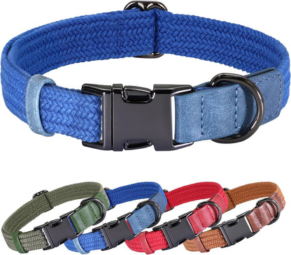 PET ARTIST Soft Cotton Dog Collar for Large Dogs in Tranquil Blue, Simple Dog Collar with Quick Release Metal Buckle & D Ring, L Size (15-23")