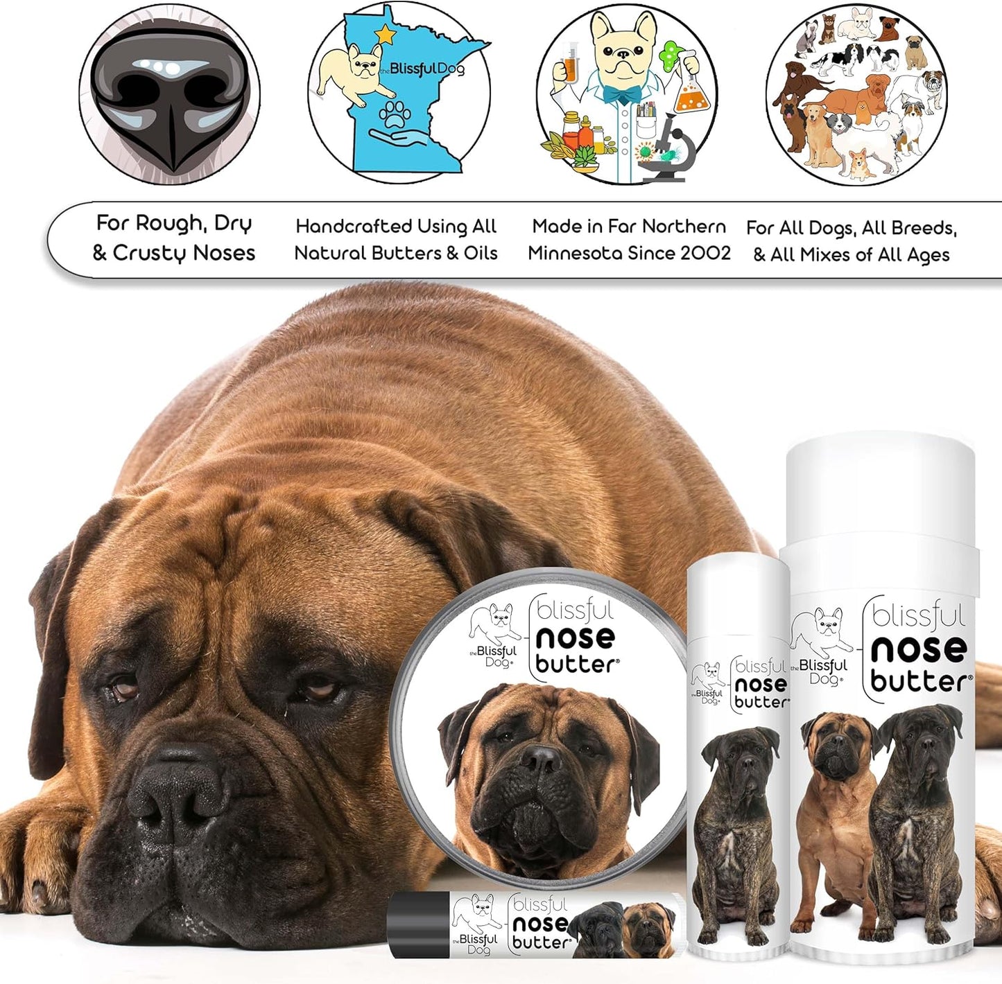 The Blissful Dog Bullmastiff Nose Butter for Dry, Cracked Skin, Lick-Safe Dog Nose Balm with Moisturizing Shea Butter, Almond, Olive, and Essential Oils, Pet Supplies, Uncented, 2 oz.