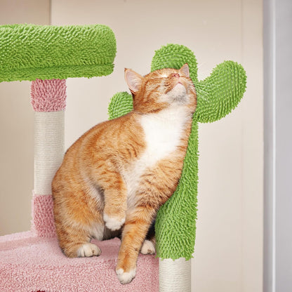 Yaheetech Cactus Cat Tree, 42in Cat Tower for Indoor Cats, Multi Level Kitten Condo Scratching Post, Pet Activity Center Furniture w/Ball, Plush Perch, Platform, Basket, Pink/Green