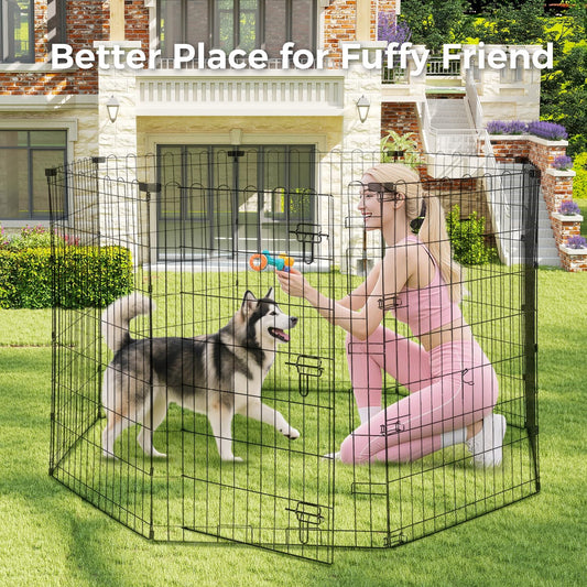 Foldable Dog Playpen 42" Height 8 Panels Metal Exercise Pen with Door - Indoor/Outdoor Dog Play Pen for Medium-Large Dogs, Portable Pet Fence for Yard Garden Camping, Black