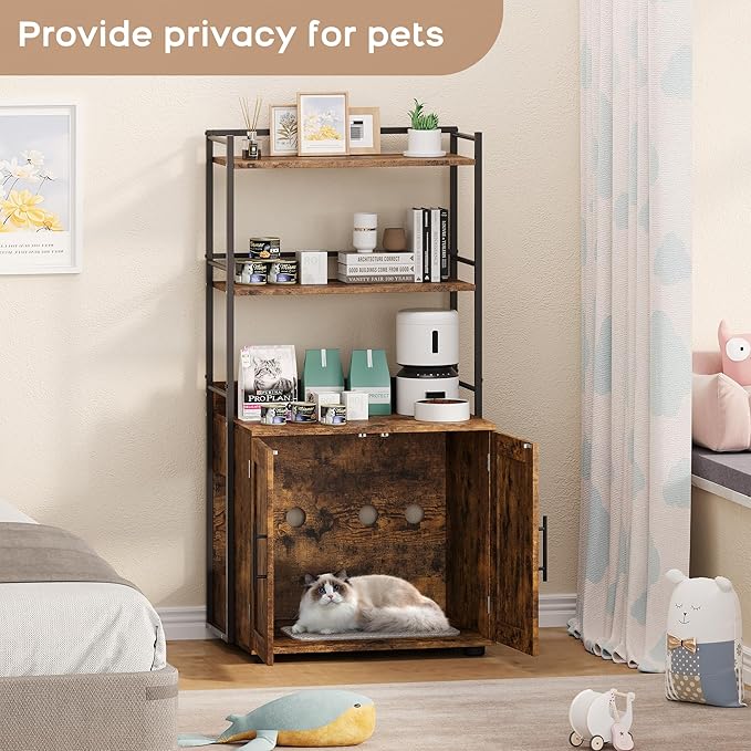 Cat Litter Box Enclosure, Hidden Litter Box Furniture with 3 Storage Shelves and Doors, Rustic Indoor Cat Cabinet, Multi-Functional Storage for Food, Cats Toilet Furniture