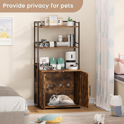 Cat Litter Box Enclosure, Hidden Litter Box Furniture with 3 Storage Shelves and Doors, Rustic Indoor Cat Cabinet, Multi-Functional Storage for Food, Cats Toilet Furniture
