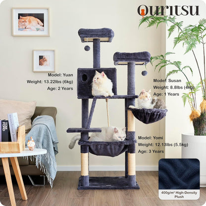 Ouritsu Cat Tree, 56 inch Tall Cat Tower for Large Cat Indoor, Large Condo, 2 Padded Perches, Steel-Framed Hammock, Scratching Post and ramp, Fluffy Basket, Dark Gray, LF001DG