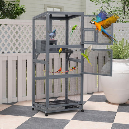 Coziwow 68" H Large Wood Bird Cage on Wheels, Outdoor Bird Aviary Indoor Wooden Large Bird Cage Parakeet Cage with Pull Out Tray and Feeder,Ideal for Small Birds,Finches,Parrots, Gray