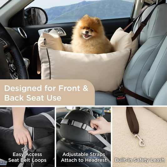 Lesure Small Dog Car Seat for Small Dogs - Dog Booster Seat for Car with Waterproof Bottom, Clip-On Safety Leash and Thickened Memory Foam Filling, Pet Carseat Puppy Travel Carrier Bed, Beige