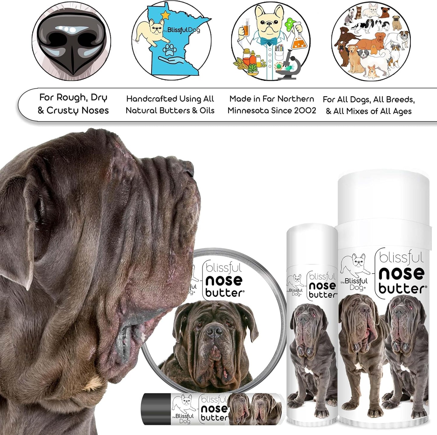 The Blissful Dog Neapolitan Mastiff Nose Butter for Dry, Cracked Skin, Lick-Safe Dog Nose Balm with Moisturizing Shea Butter, Almond, Olive, and Essential Oils, Pet Supplies, Uncented, 2 oz.