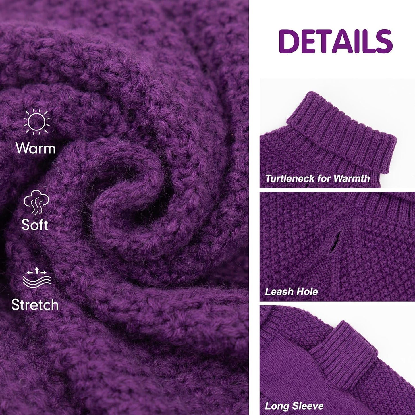 cyeollo Dog Sweater Pullover Turtleneck for Large Dogs, Classic Knitwear Fall Winter Cold Weather Dog Clothes Warm Pet Apparel Medium Large Dog Sweaters, Purple 2XL