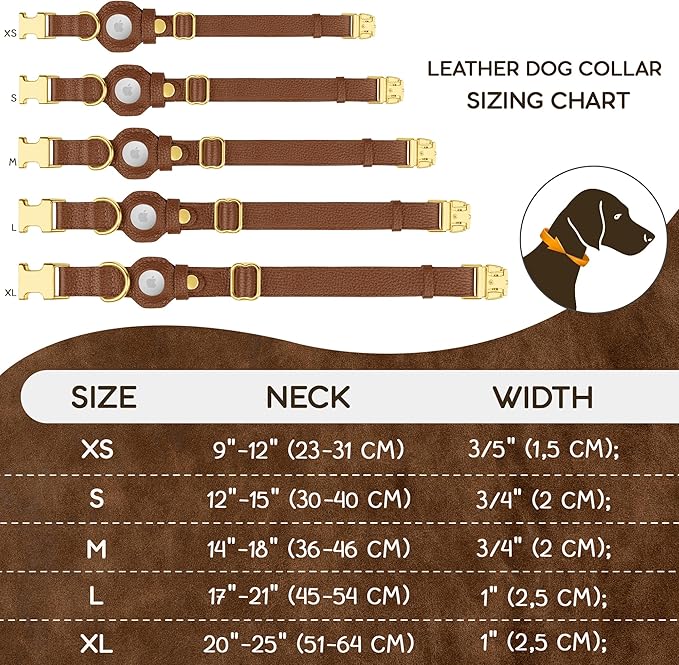 Leather Airtag Dog Collar - Soft Tracking Dog Collar with Apple AirTag Holder and Metal Buckle - Safety GPS Pet Collars for Small Medium Large Dogs Puppy Pink Red (Brown, L, 17"-21" Neck Fit)