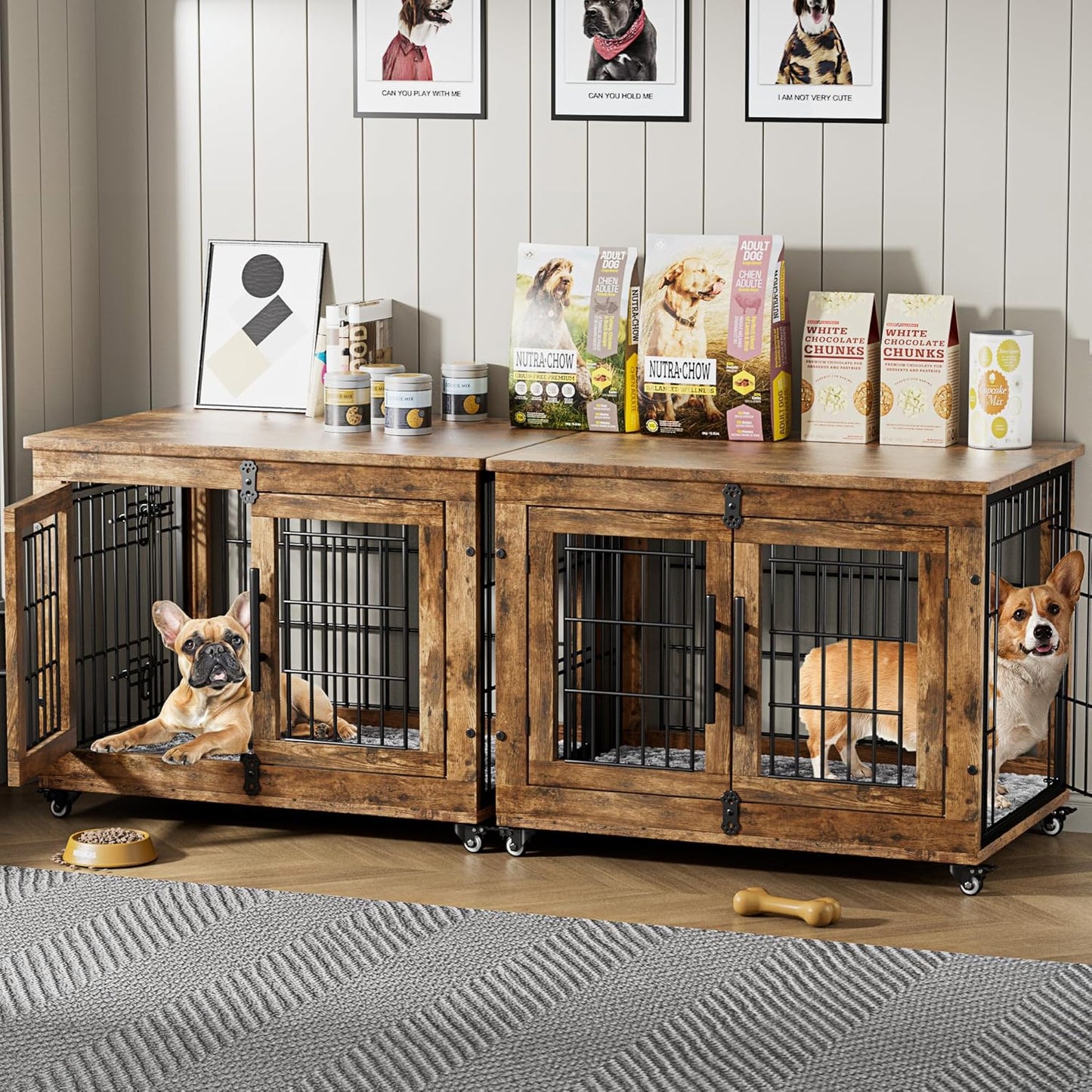 Lulive Dog Crate Furniture Set of 2, Dog Kennel Indoor Double Doors Wooden Dog Cage, 32'' Heavy Duty Dog Crate with Cushion & Wheels, End Table Pet House Chew-Resistant Up to 45 lb, Rustic Brown