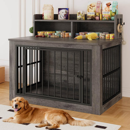 IRONCK Extra Large Dog Crate Furniture, 43.3 inches Wooden Dog Crate with Storage and 4 Hooks, Heavy Duty Pet Crate for Large Dog, Decorative Pet Cage for Indoor (30" L x 43.3" W x 41.1" H)