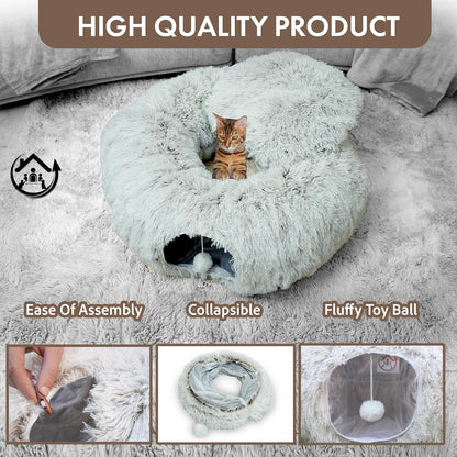 Large Cat Tunnel Bed for Indoor Cats Warm Fluffy Plush Cat Cave Tunnel Bed Collapsible, Washable, 3 Way and Multifunctional with Dangling Balls for Cats, Kittens and Rabbits- Brown