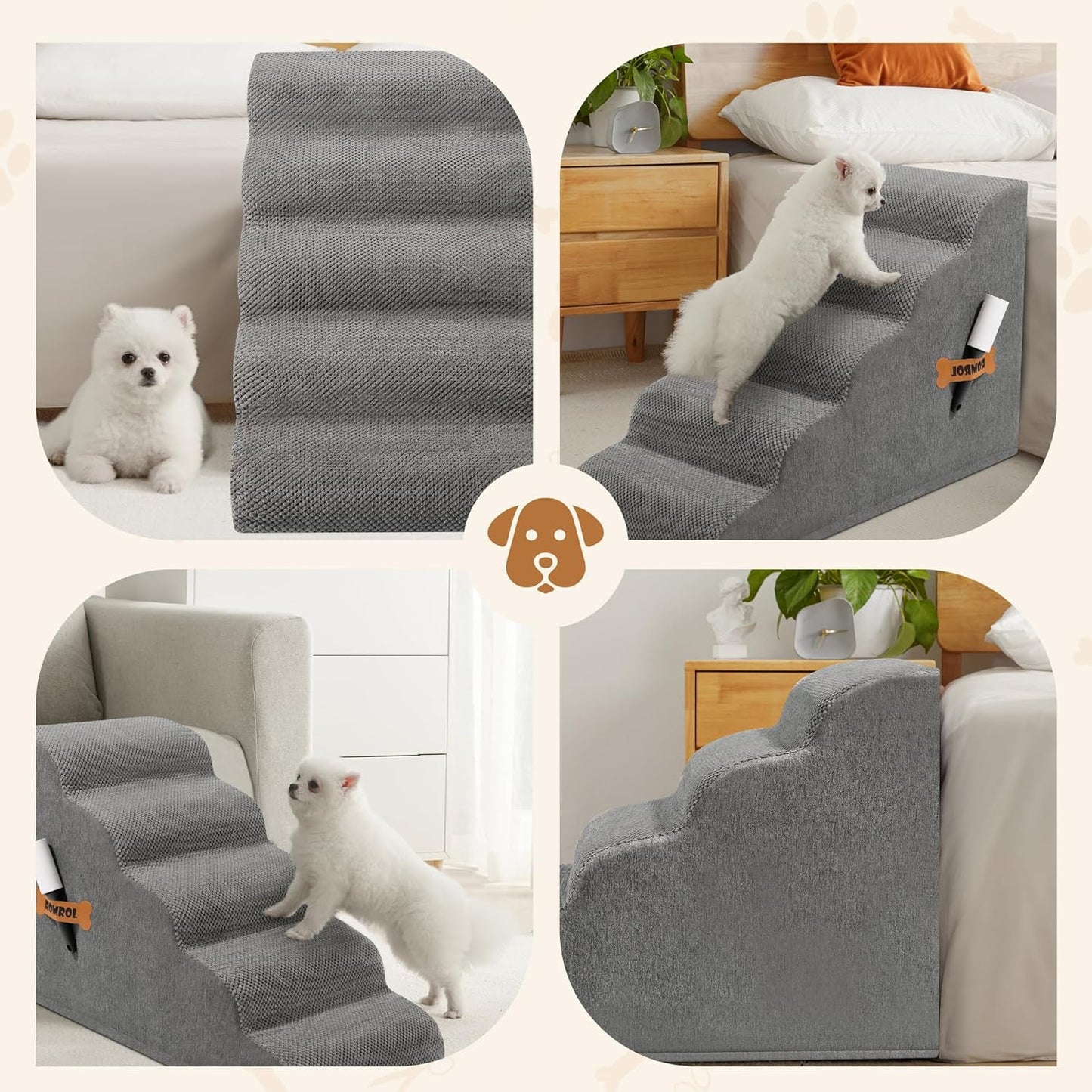 Romrol Dog Stairs Ramp for Small Dogs, Pet Stairs Steps with Durable Non-Slip Waterproof Fabric Cover, Dog Slope Stairs to Bed for Small Dogs and Cats or Pets Joints, 5-Steps, Grey - Pawvie