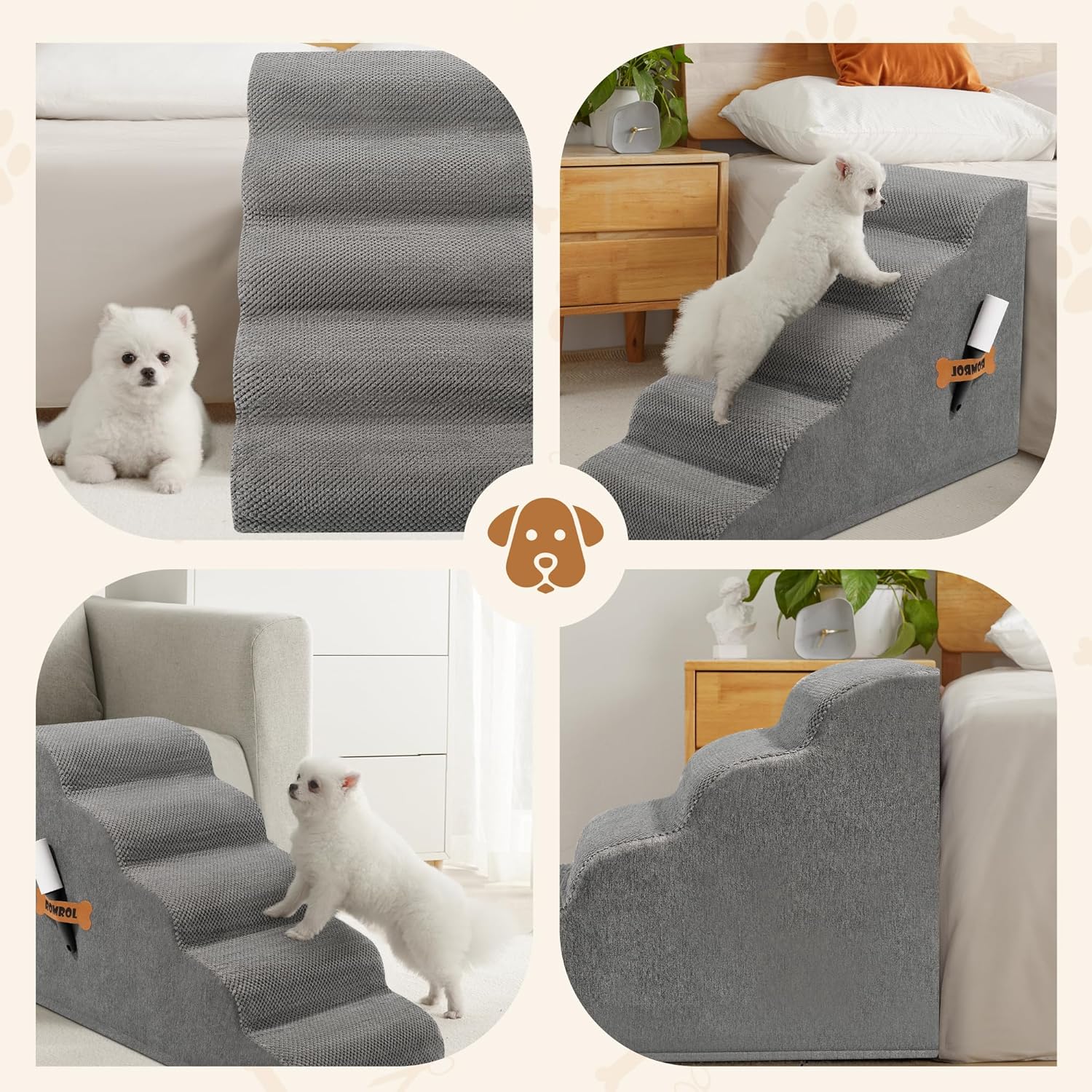 Romrol Dog Stairs Ramp for Small Dogs, Pet Stairs Steps with Durable Non-Slip Waterproof Fabric Cover, Dog Slope Stairs to Bed for Small Dogs and Cats or Pets Joints, 5-Steps, Grey - Pawvie