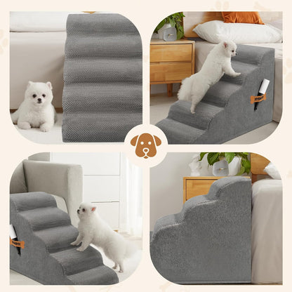 Romrol Dog Stairs Ramp for Small Dogs, Pet Stairs Steps with Durable Non-Slip Waterproof Fabric Cover, Dog Slope Stairs to Bed for Small Dogs and Cats or Pets Joints, 5-Steps, Grey - Pawvie