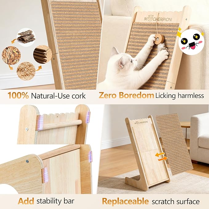 Natural Cork cat Scratching Post-Cat Scratching Pad-cat beds for Indoor Cats-Scratching Board Toy-cat ramp-cat Scratch with 2 Pcs Cardboard,Easy Replace-Eco-Friendly Sustainable-cat Gifts
