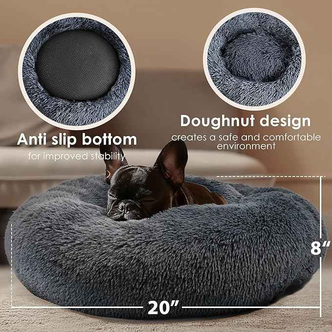 Hoewina Dog & Cat Bed, 20in Cat Beds for Indoor Cats, Calming Donut Bed for Puppy and Kitten, Washable Round Fluffy Pet Bed for Small Medium Dogs and Cats (Dark Grey)