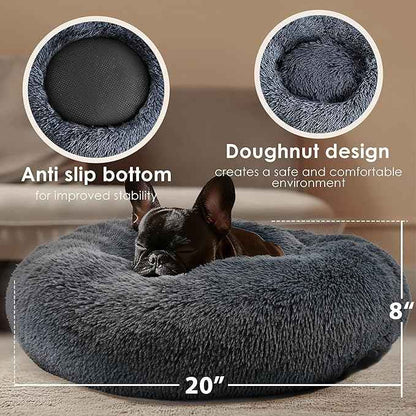 Hoewina Dog & Cat Bed, 20in Cat Beds for Indoor Cats, Calming Donut Bed for Puppy and Kitten, Washable Round Fluffy Pet Bed for Small Medium Dogs and Cats (Dark Grey)