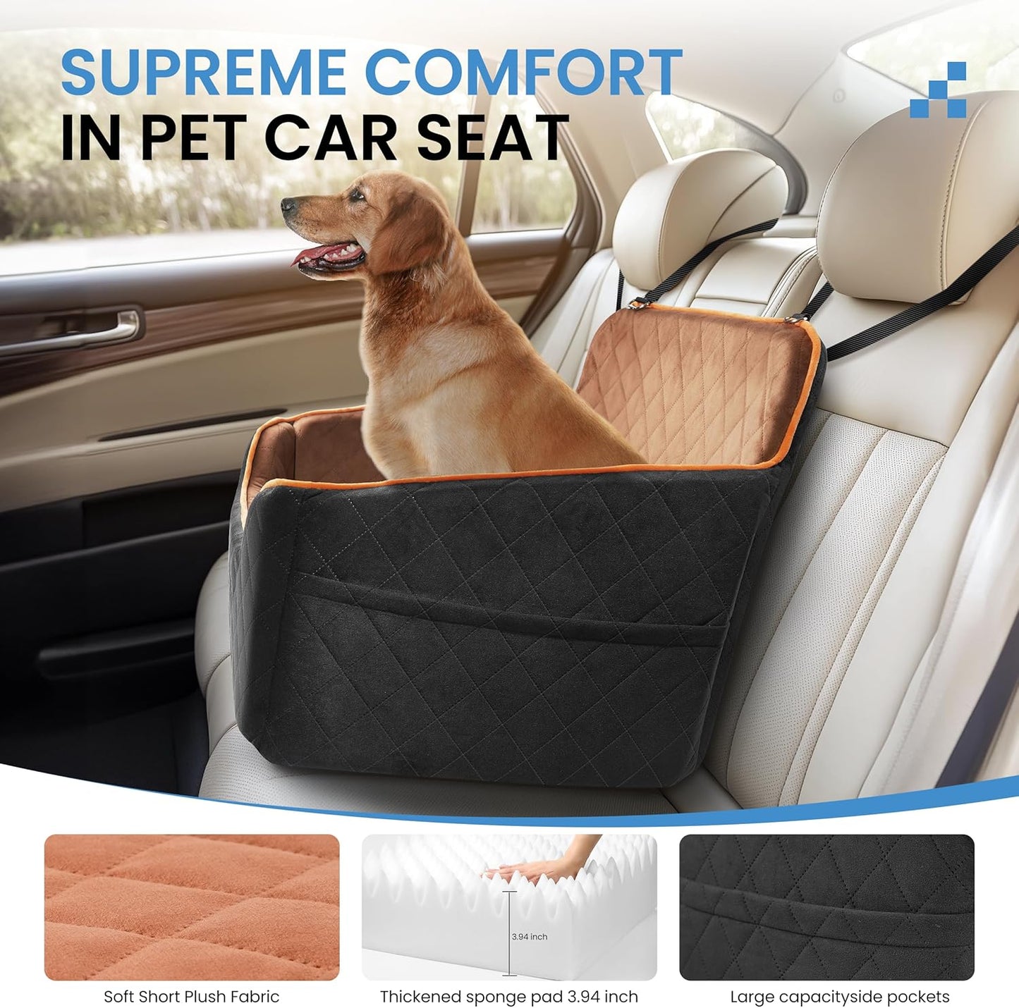 Dog Car Seat for Medium Dogs - Pet Car Seat with 2 Safety Straps & Waterproof Padding, Portable Pet Carrier for Cars, Trucks & SUVs, Comfortable Booster Bed for Pets Up to 55lbs (Black/Coffee) - Pawvie