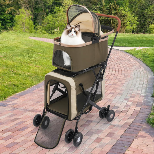 Double Pet Stroller with Detachable Carriers, Large Cat & Dog Stroller with 4 Wheels, Foldable Pet Strollers Small & Medium Dogs Cats 77lbs (Dark Green) - Pawvie