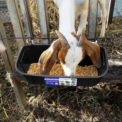 Goovilla Large Feed Trough, Hanging or Screw-in Fence Feeder with Clips, 2 Pack 9 Quart Goat Feeder Supplies, Dog Horse Hog Pig Livestock Poultry Plastic Feeder Trough Bucket for Large Animal, Black