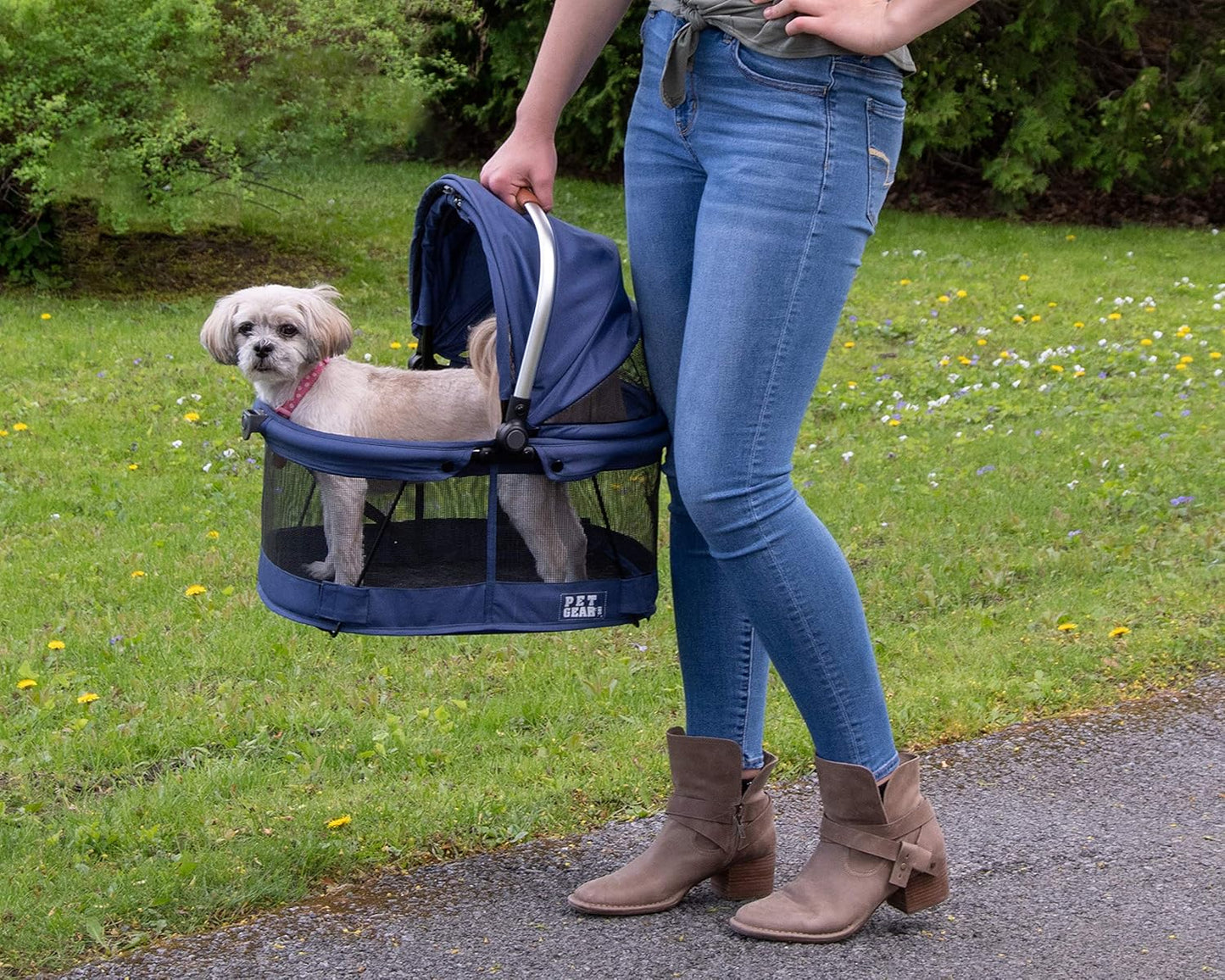 Pet Gear No-Zip View 360 Pet Safety Carrier & Car Seat for Small Dogs & Cats Push Button Entry, View 360 20-inch, Navy - Pawvie