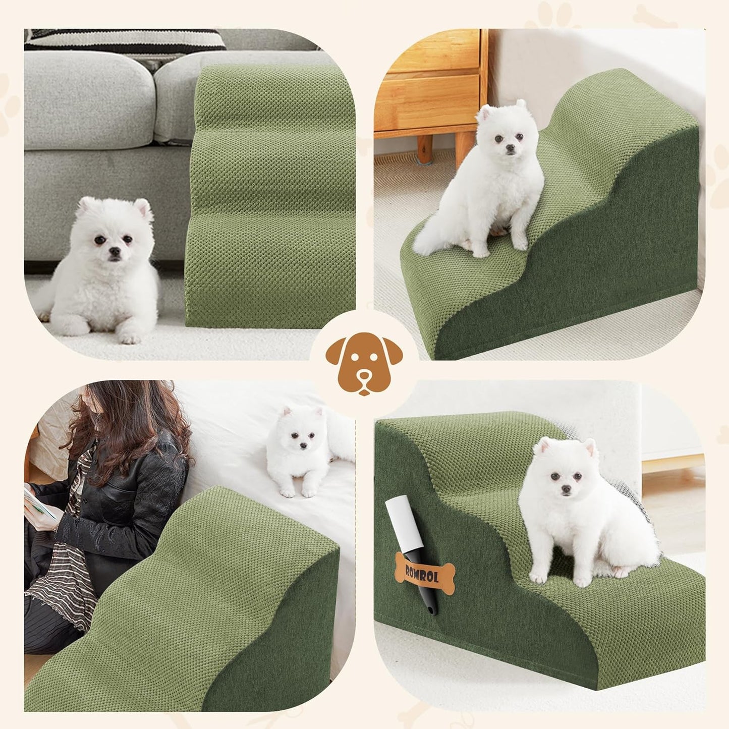 Romrol Dog Stairs Ramp for High Beds Couches, High Density Foam Pet Steps with Durable Non-Slip Waterproof Fabric Cover, Dog Stairs for Small Dogs or Cats or Pets, 3-Step,15 Inch,Green - Pawvie