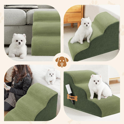 Romrol Dog Stairs Ramp for High Beds Couches, High Density Foam Pet Steps with Durable Non-Slip Waterproof Fabric Cover, Dog Stairs for Small Dogs or Cats or Pets, 3-Step,15 Inch,Green - Pawvie