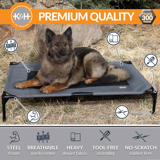 K&H Pet Products Outdoor Elevated Dog Cot, Breathable Cooling Elevated Cot Hammock Pet Bed for XL Dogs, Washable Mesh Cover, Raised Metal Frame, Collapsible, Portable - Extra-Large 50 X 32 Charcoal