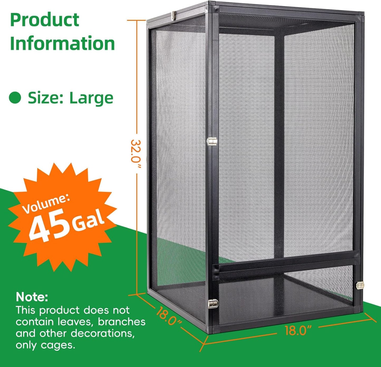 45 Gal Detachable and Foldable Reptile Butterfly Cage Terrarium, 360° Observation, Airflow, Interaction in Gecko Tank for Crested Geckos, Leopard Geckos, Chameleons, Bearded Dragons
